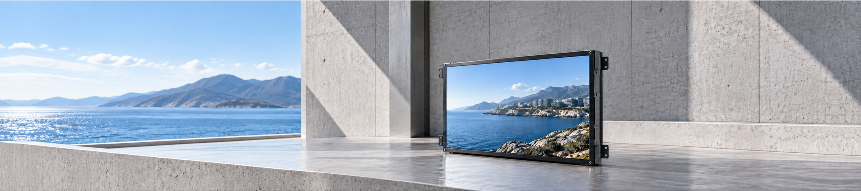 Industrial LCD display module on a concrete architectural surface; concept visual