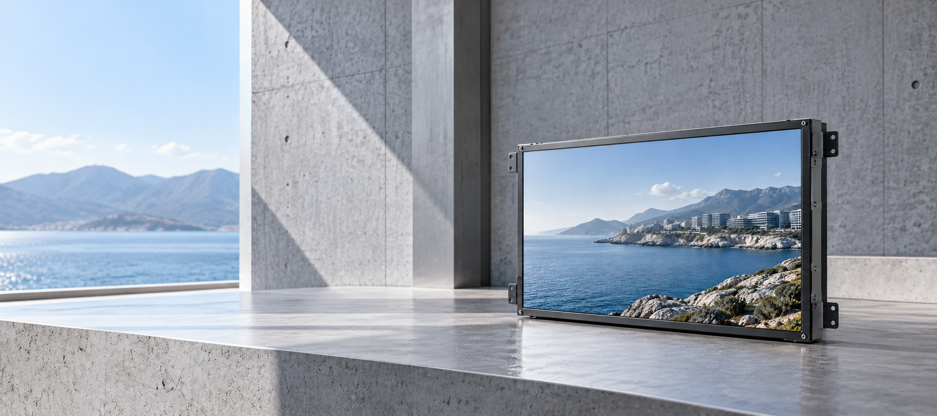Industrial LCD display module on a concrete architectural surface; concept visual