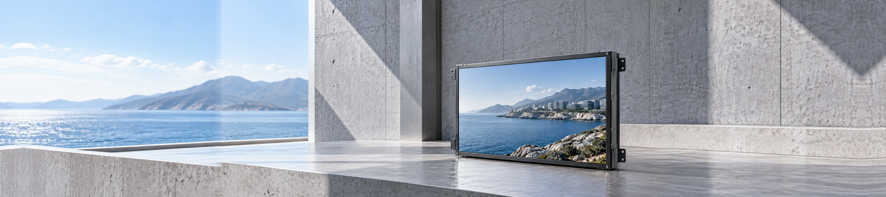 Industrial LCD display module on a concrete architectural surface; concept visual